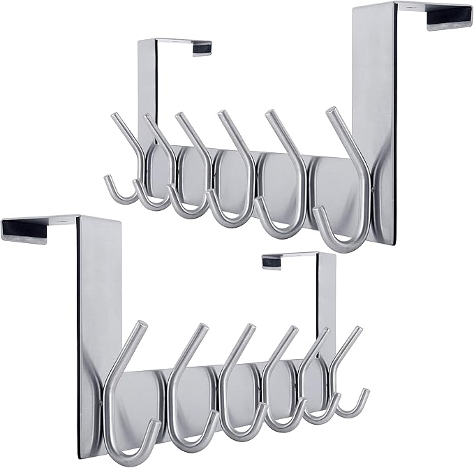 WEBI Over The Door Hook Door Hanger:Over The Door Towel Rack with 6 Coat Hooks for Hanging,Towel Hanger Door Coat Hanger Over Door Coat Rack for Towels,Clothes,Back of Bathroom,Silver,2 Packs