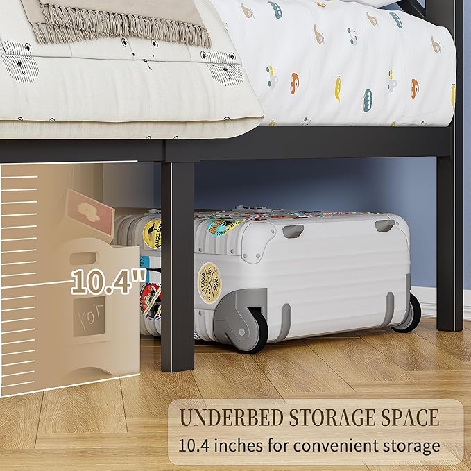Full Size Black Metal Bed Frame with USB Charging Station, LED Ambient Lighting, and Wooden Storage Headboard - Includes Under-Bed Storage, No Box Spring Needed, Noise Free, Easy Assembly