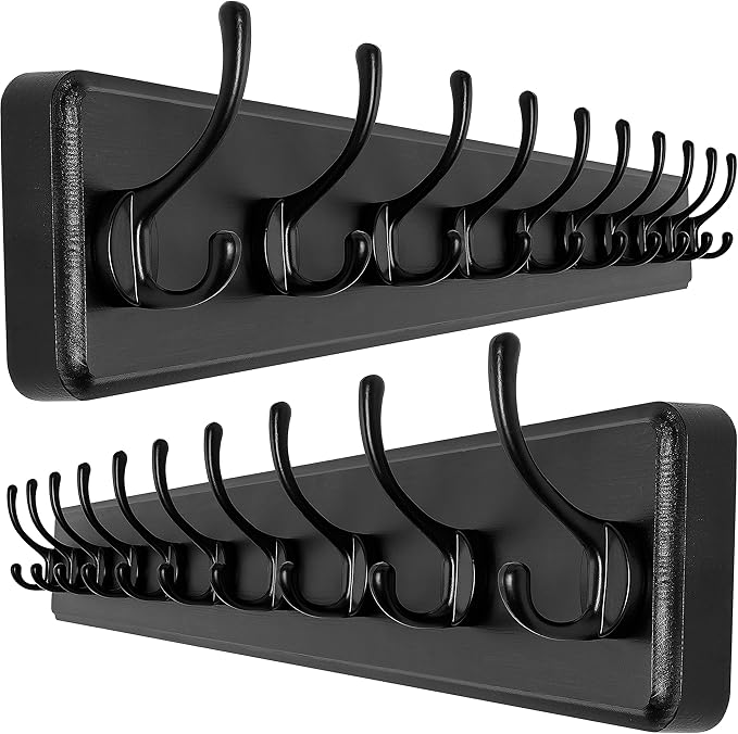 SKOLOO Rustic Wall Mounted Coat Rack, Case of 2, Pine Solid Wood Coat Hook Hanger - 10 Hooks for Hanging Clothes Robes Towels Coats