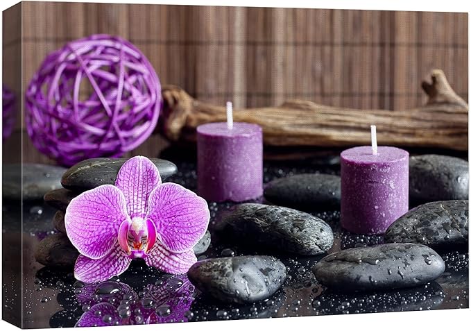 wall26 Canvas Print Wall Art Zen Stones with Purple Orchid and Calming Candles Nature Floral Photography Realism Rustic Colorful Multicolor Ultra for Living Room, Bedroom, Office - 12"x18"