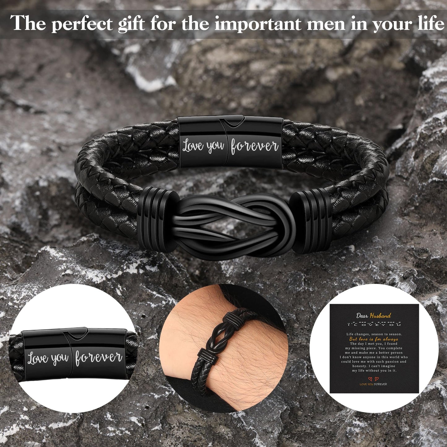 Father s Day Gifts for Husband, Gifts for Husband I Love You Gift for Him Leather Bracelet for Men Husbands Black Braided Leather Cuff Bracelets Birthday Wedding Anniversary Christmas Stocking Stuffers