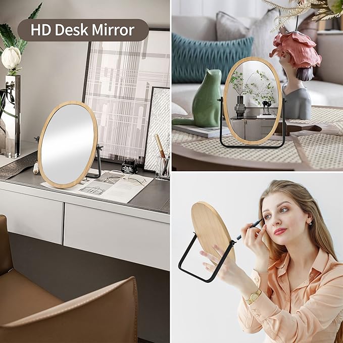 Geloo Vanity Makeup Table Mirror - Desk Mirrors 360 Adjustable Rotation,Wood Framed Small Standing Mirror for Bedroom,Tabletop,Office,Antique,Dresser,Countertop 11.8'' x 7.8''