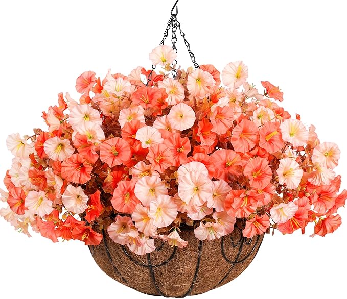 Artificial Fake Hanging Flowers with Basket for Fall Decoration, 12 Bundles Faux Silk Morning Glory Plants for Outdoor Planters, Realistic UV Resistant Artificial Flowers for Outside Porch Garden