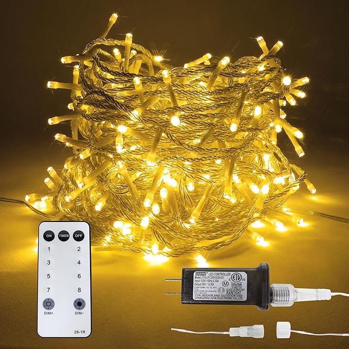 98 FT 300 LED Outdoor Fairy Lights Plug in Connectable Clear Wire with Remote Control, Waterproof String Lights with Timer Twinkle Lights for Bedroom Garden Party Wedding Christmas, Warm White