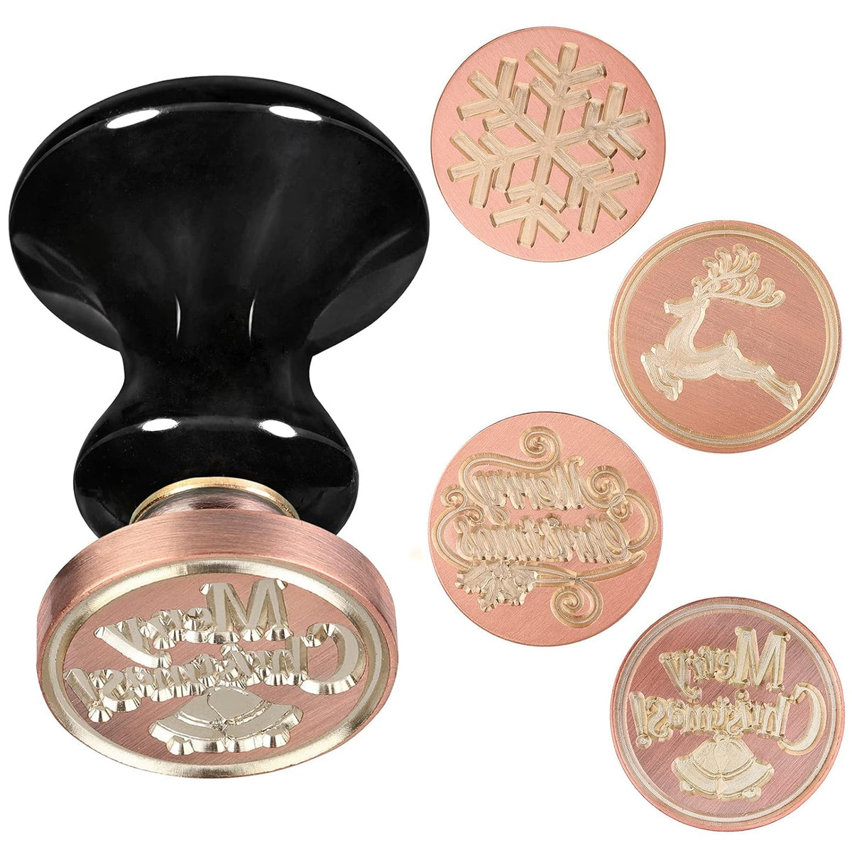 rockcloud Wax Seal Stamp Set, 4 Pieces Sealing Wax Stamps Copper Seals with 1 Black Obsidian Seal Handle for Cards Envelopes Invitation Decoration, Christmas Theme