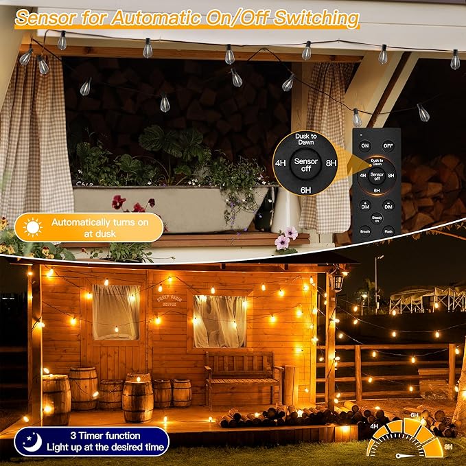 Ollny S11 100FT Outdoor String Lights with Remote, Plug in Waterproof Connectable 3 Modes Dimmable Timers Patio Lights with 48+2 LED Spare Bulbs, Dusk to Dawn Outdoor Light for Outside Bistro Yard