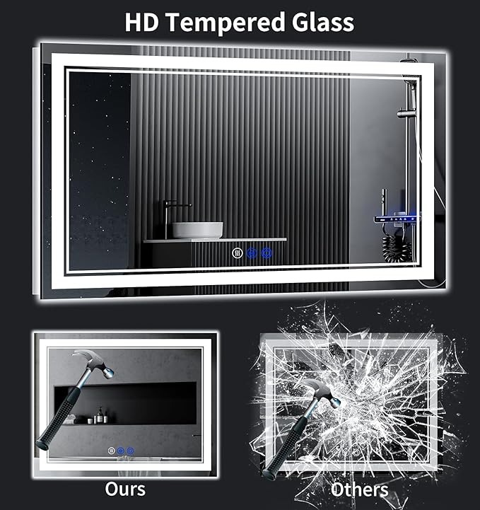 60"x36" LED Bathroom Mirror with Anti-Fog, Stepless Dimmable Lights, 3 Color Modes, Shatter-Proof Tempered Glass,Waterproof Design