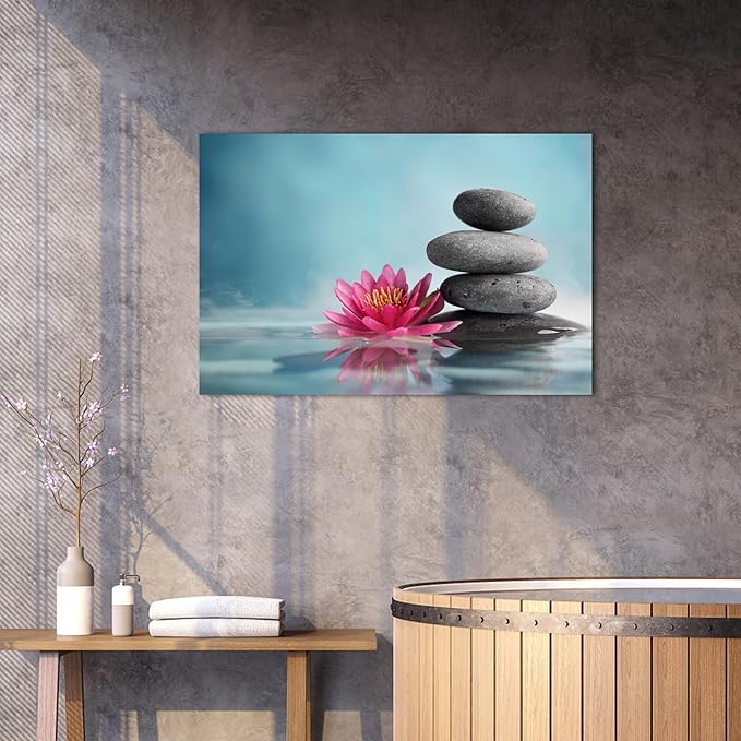 GUTTATY Zen Wall Art Decor, Modern Bathroom Zen Decor Wall Art, Zen Relaxing Canvas Wall Art for Spa Room Decor, Black Pebble and Pink Flower Zen Art Prints for Office & Spa Wall Decor 18x24 Inches