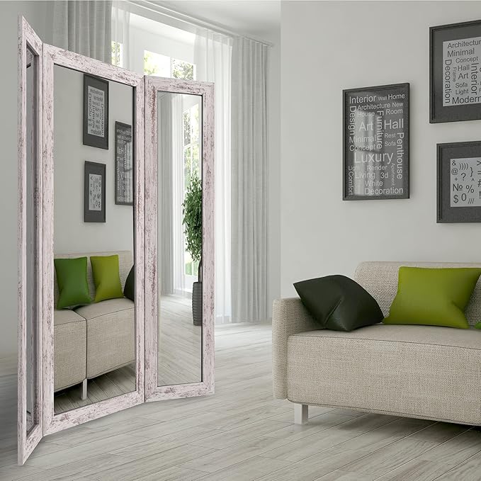 Houseables Full Length Mirror, Trifold Body Mirrors, 71x32-65 Inch, White, Extra Large, Oversized, 360, 3-Way, Standing Floor, Wood Framed, Farmhouse, Rustic, 3 Sided for Bedroom, Dressing, Makeup