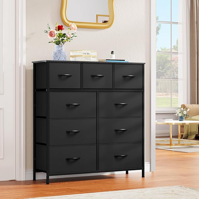 YITAHOME 9 Drawers Fabric Dresser, Dresser for Room, Black Chest of Drawers, Storage Tower Organizer Unit for Living Room, Closets - Sturdy Steel Frame, Wooden Top & Easy Pull Fabric Bins