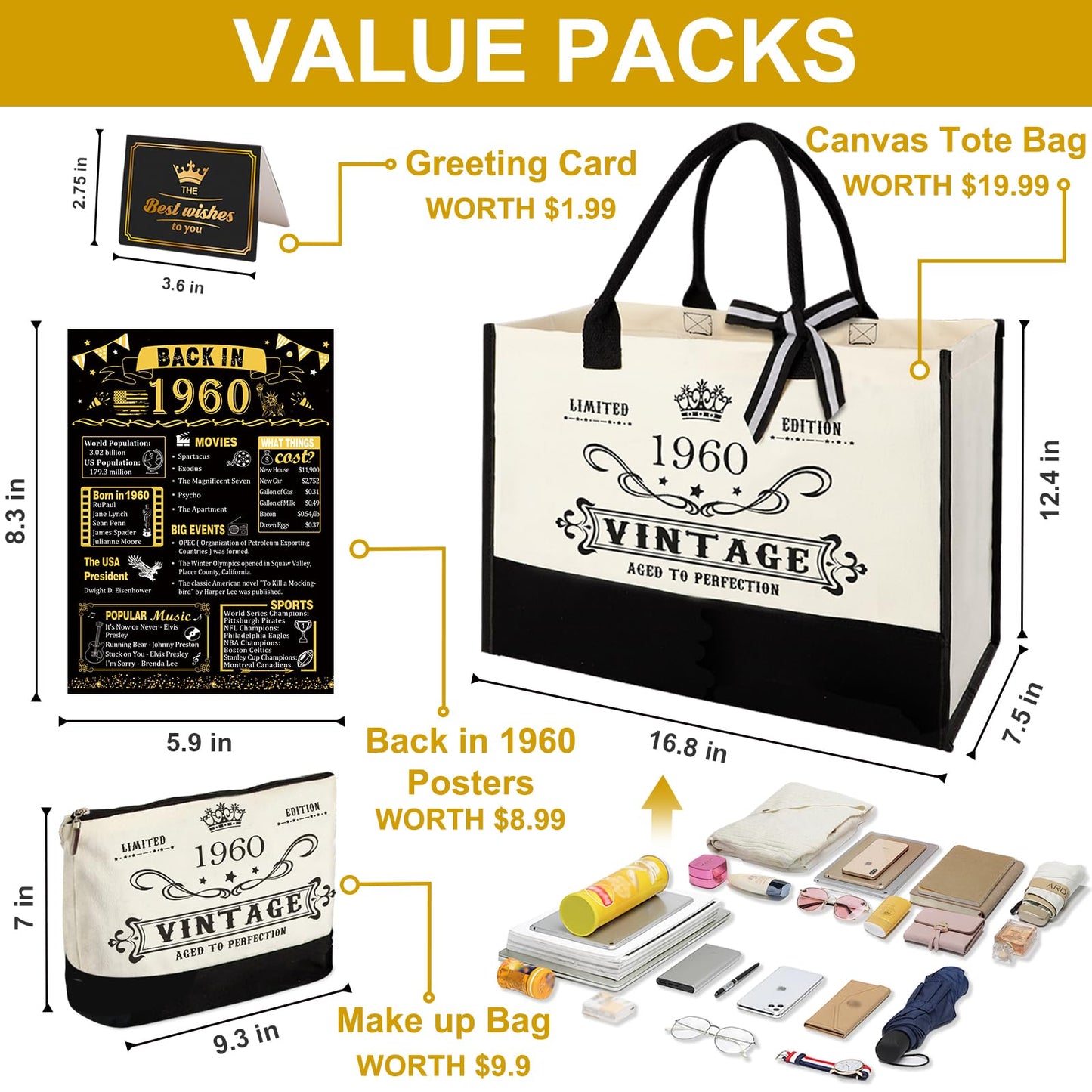 65th Birthday Gifts for Women Canvas Tote Bag Travel Gear, Unique 65 Years Old Birthday Gifts for Mom Wife Aunt Friends Her, Vintage 1960 Handbag & Cosmetic Bag & Back in 1960 Poster
