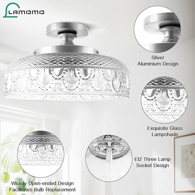 Lamomo Semi Flush Mount Ceiling Light,Upgraded Larger Silver Hallway Light Fixture,3-Bulb Globe Glass Close to Ceiling Scone, Indoor Hanging Light for Bedroom Kitchen Porch Hallway,Bulbs Not Included