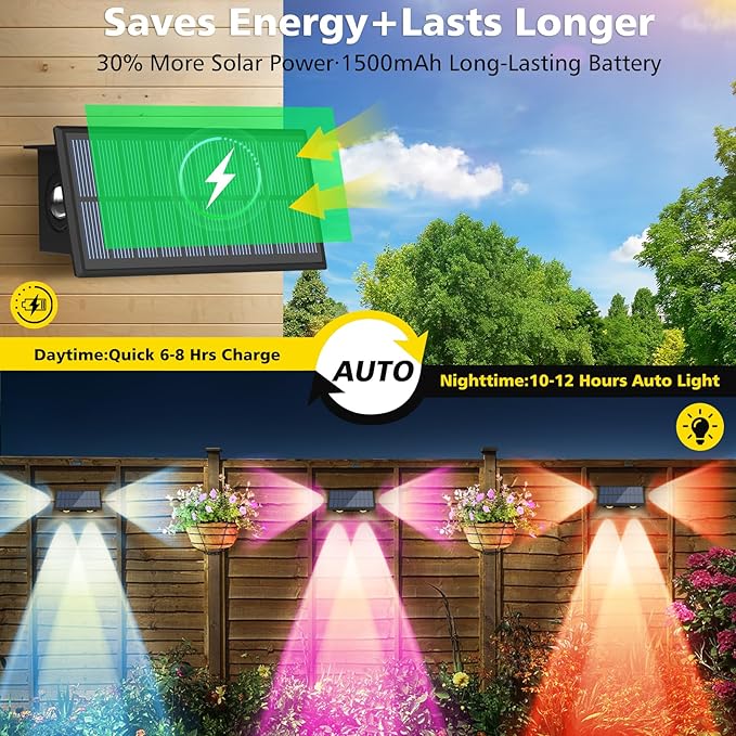 T-SUN Solar Fence Lights Outdoor, 4 Pack Waterproof Fence Lights Solar Powered 8 Mode RGB & Warm White＆Color Changing Dusk to Dawn Wall Lights for Yard Patio Step Deck Railing Pool