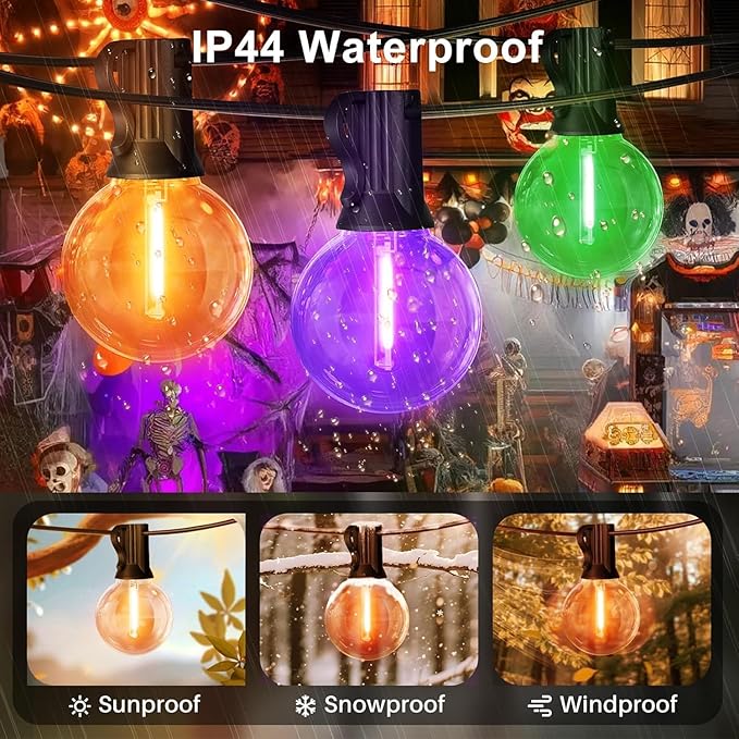 LAMPHOME Globe Outdoor Halloween String Lights, 4 Pack 26FT Patio Lights with 12+1 Edison Shatterproof Bulbs, Connectable Dimmable Waterproof for Backyard Porch Halloween Decor, Orange Green Purple