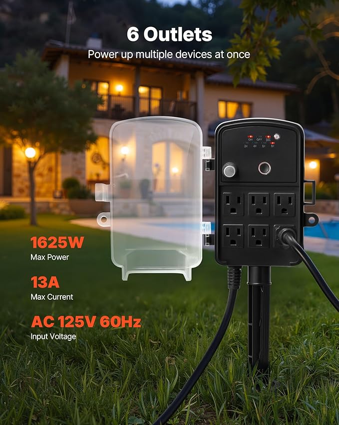 VEVOR Outdoor Power Stake Timer, 100FT Extension Cord, Remote Control Outdoor Power Strip with Cover, Dusk to Dawn Light Timer Waterproof, 6 Outlets for Halloween Christmas Lights, Garden Decorations