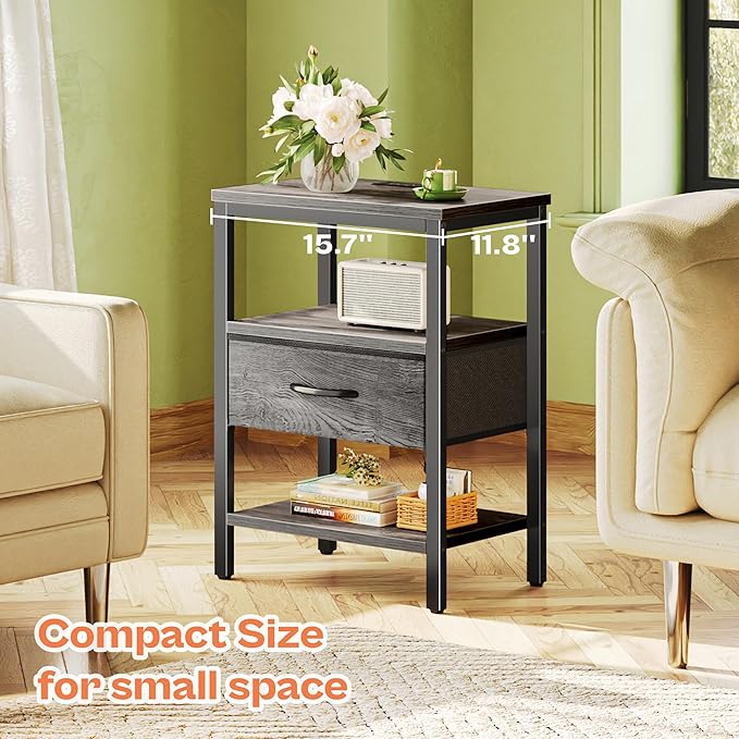 SUPERJARE Nightstand with Charging Station, Bed Side Table with Adjustable Fabric Drawer, Night Stand for Bedroom, 3-Tier Storage End Table, for Living Room, Grey