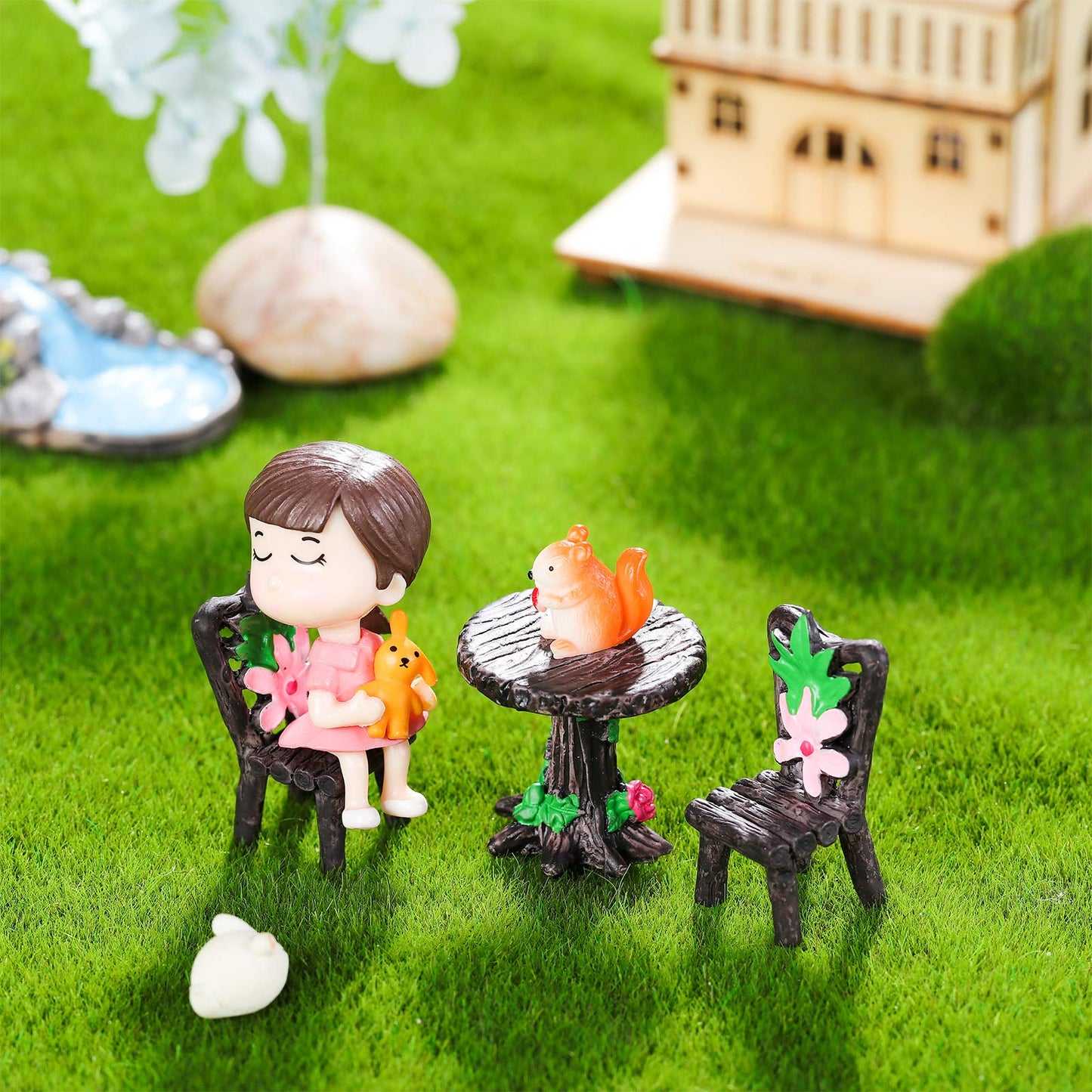 Skylety 12 Pieces Garden Furniture Ornaments Miniature Table and Chairs Set Village Micro Resin Bench Chair for Dollhouse Accessories Home Micro Landscape (Cute Style)