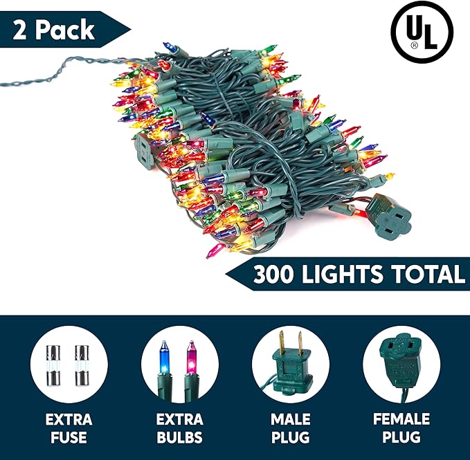Joiedomi Multicolor Christmas String Lights,300(2x150) 62.4FT Christmas Fairy Tree Lights Plug in for Indoor Outdoor Xmas Decorations Patio Holiday Theme Party Yard House,Green Wire