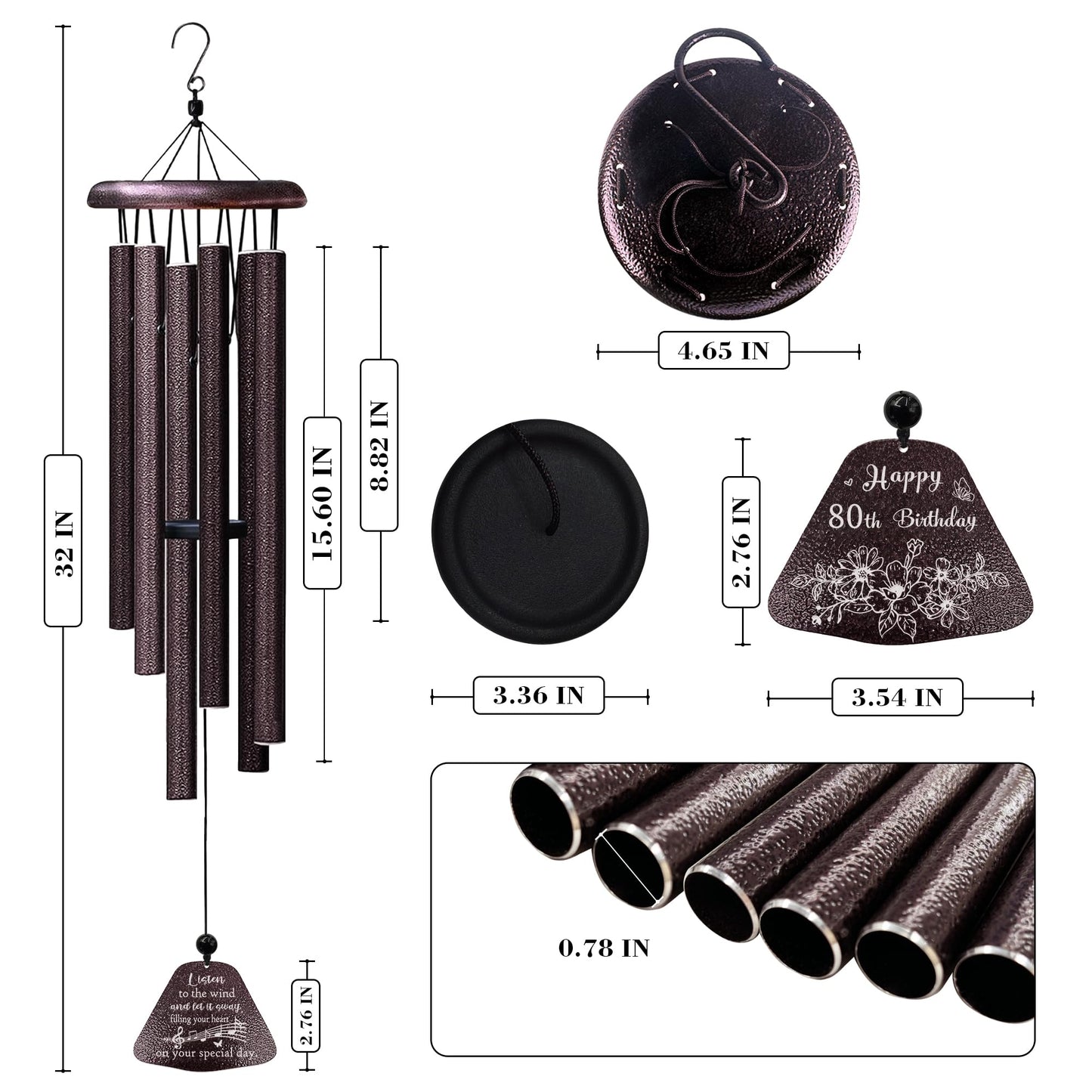 Yesruby 80th Birthday Gifts for Women/Men, 80th Birthday Decorations 32” Wind Chimes Outside, 80 Year Old/1945 Bday Gifts for Men/Women