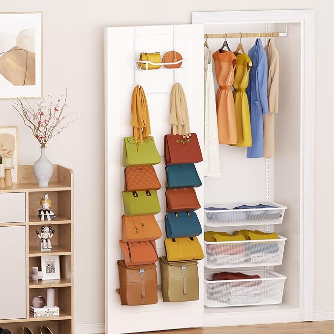 SWTYMIKI Over The Door Purse Organizer - Wall Mounted Purse Rack with 16 Hooks and Metal Basket, Hanging Handbag Storage Organizer Holds up to 16 Bags, Bag Rack Can Use As 1/2 Part, for Door, Closet