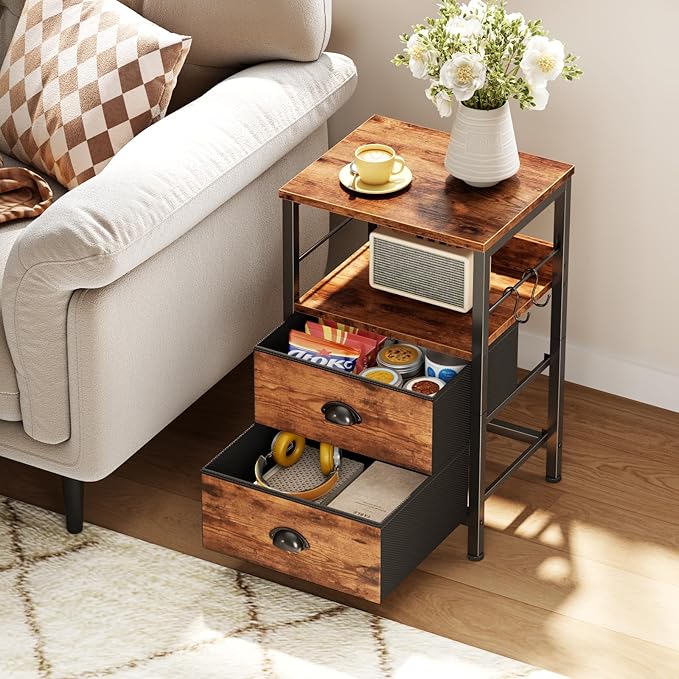 Furologee Night Stand Set of 2, Nightstand with 2 Fabric Drawers, Bed Side Table with Open Shelf, Wooden Top, Hooks, Backboard Design, End Table for Bedroom, Study, Hallway, Brown