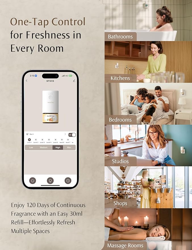 SF101S Pro Smart Plug in Air Freshener for Home, Waterless Essential Oil Diffuser, Aromatherapy Home Diffuser, 120-Day Natural Aroma Mist – Free 30ml Lavender Citrus Musk (Soft Lilac)
