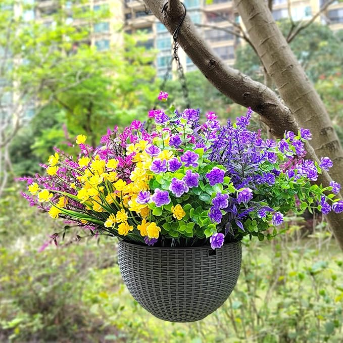 20 Bundles Artificial Flowers Outdoor UV Resistant No Fade Fake Plants Faux Plastic Shrubs for Garden Patio Porch Window Box Home Wedding Farmhouse Hanging Décor