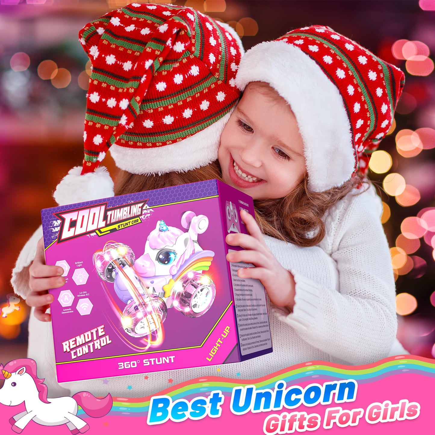 Carsky Unicorn Remote Control Car for Girls,Rechargeable 360°Stunt RC Cars Rotation 4WD Remote Cars with LED Lights,Fun Indoor Outdoor Toys for Kids,Chritmas Birthday Gift for 3 4 5 6 Year Old Girl
