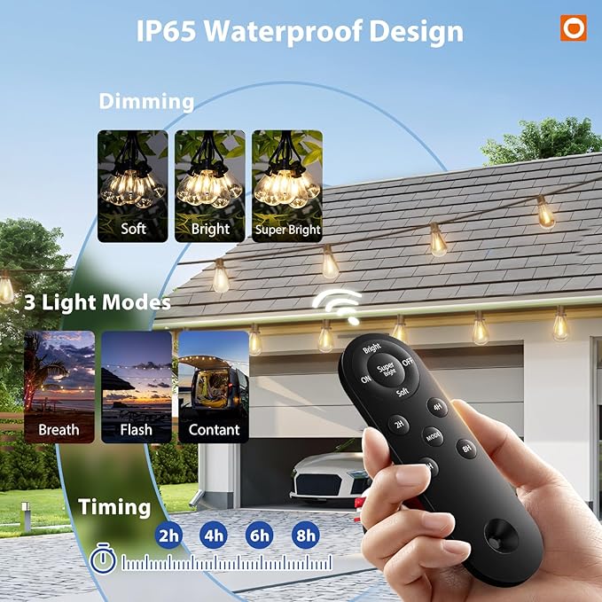 addlon 104FT(96FT+8) Solar String Lights Outdoor Waterproof with USB Port & Remote Control Solar Patio Lights for Outside Solar Powered with 52 LED Dimmable Bulbs for Porch Garden Deck Halloween