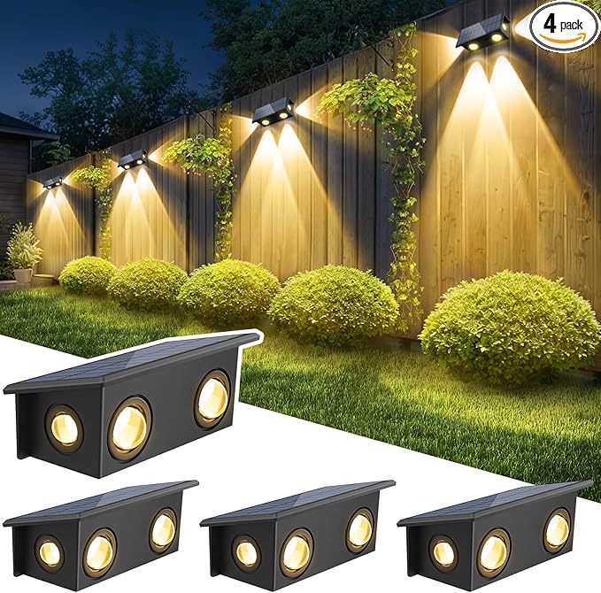T-SUN Solar Fence Lights Waterproof LED Wall Lights Outdoor with 2 Bright Modes Warm White Solar Powered Dusk to Dawn Fence Light for Backyard Railing Patio Porch Pool 4 Pack