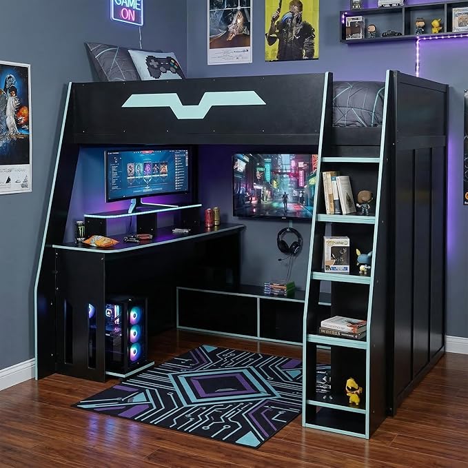 LUMISOL Full Size Wood Loft Bed with Desk and Multi-Storage Shelves, Gaming Loft Bed with RGB LED Lights and Adjustable Desk Placement, Space-Saving Game Bedframe with Under-Bed Storage, Cloud Blue