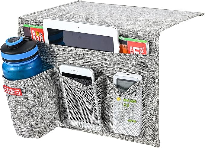 Linen 4 Pockets Bedside Caddy, Bedside Storage Organizer with Water Bottle Holde for Magazine, Remotes, Phone (Grey)