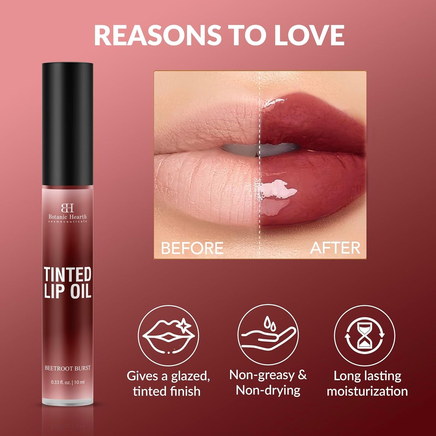 Botanic Hearth Tinted Lip Oil | Moisturizing Lip Gloss Oil for Dry Lips | Deep Red Gloss | Lightweight & Non Greasy | 0.3fl oz