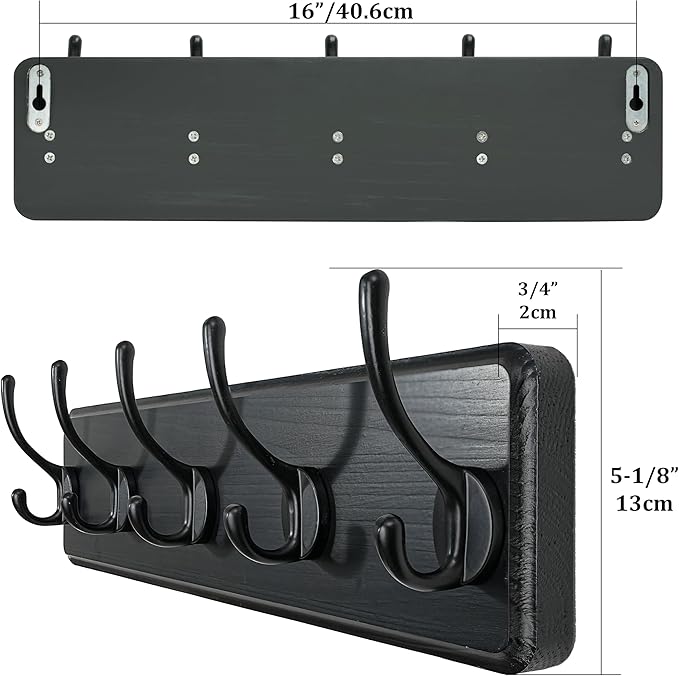 WEBI Wall Mounted Coat Rack, 16" Hole to Hole, Large Hanger Hook Rack, 5 Hooks for Hanging Coats, Hats, Jacket, Clothes, Entryway, Black, 2 Packs