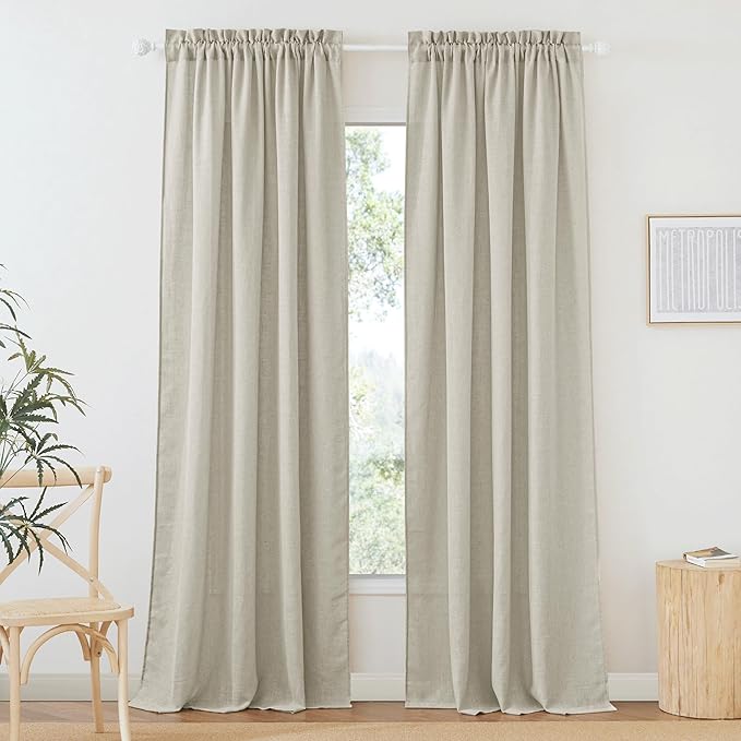RYB HOME Linen Sheer Curtains - Semi Sheer Privacy Drapes for Bedroom Living Room Kitchen Bathroom Cafe Window Decor, Angora, 52 inch Width x 90 inch Length, 1 Pair