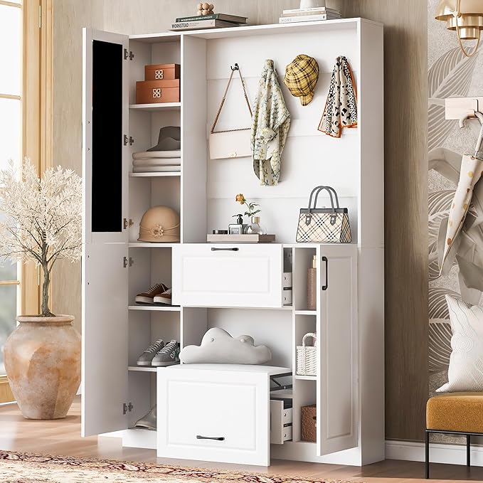51.1'' Hall Tree with 4 Sturdy Hooks and Foldable Seat, 3-in-1 Design and Mirrored Cabinet Door, Entryway Bench with Integrated Shoe Cabinet for Living Room