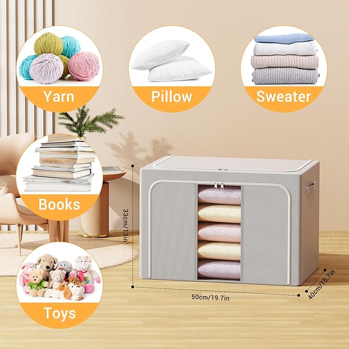 Clothes Storage Bins with Metal Frame Foldable Storage Box Clothes Organizers Storage Containers for Clothes Sheets Blankets Books Toys Gifts and Holiday Decorations (66Lx3 Pack)