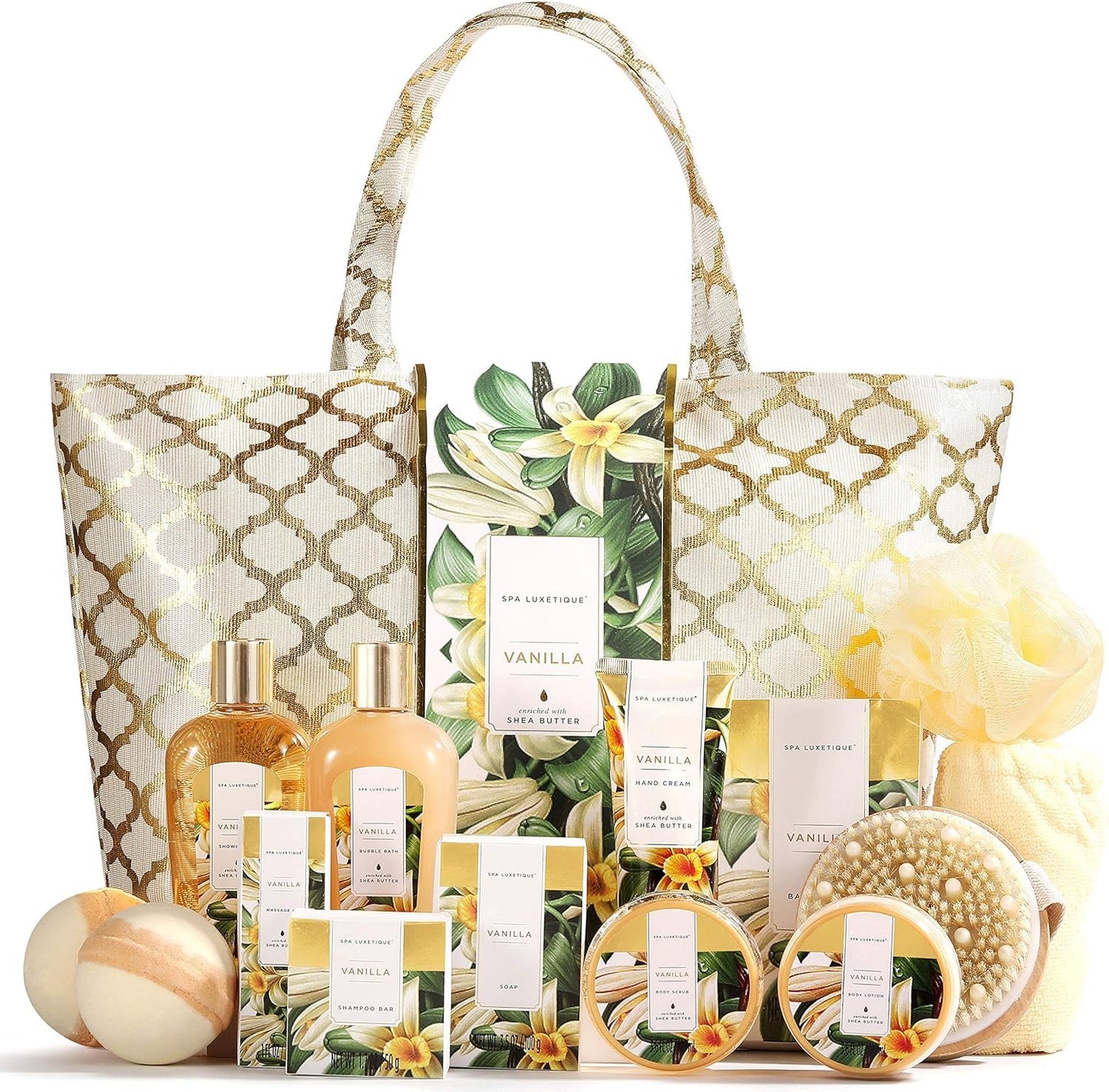 Spa Luxetique Gift Baskets for Women,15 Pcs Vanilla Spa Gifts for Women, Women's Gifts with Bubble Bath, Bath Salt, Bath Bombs, Christmas Spa Baskets