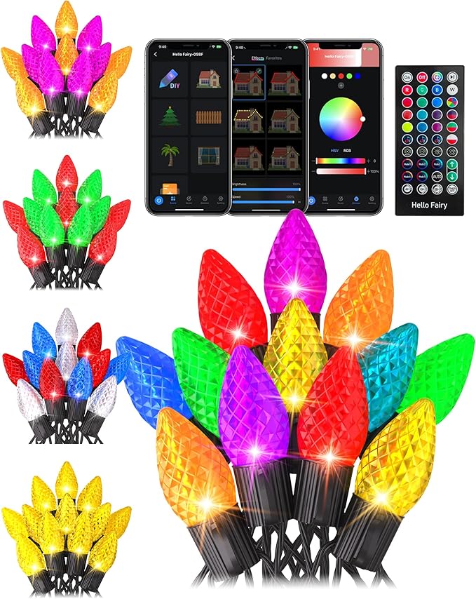 132FT 200LED Smart C9 Christmas Lights Outdoor, DIY Chasing Rainbow Lights App Remote Controlled 100+ Modes, Music Sync Xmas String Lights Waterproof Extendable for Tree House Indoor Xmas Decor