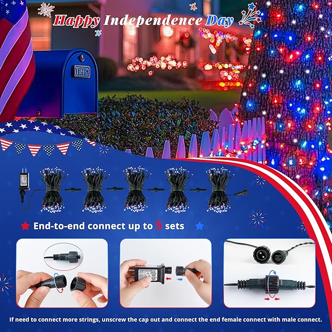 Hopolon Red White and Blue String Lights, 33 FT 100 LED Connectable 4th of July Patriotic Twinkle Lights with Remote,8 Modes Plug in Independence Day Light for Home Party Holiday Tree Xmas Decoration