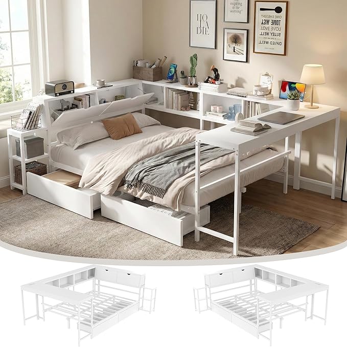 Queen Corner Bed Frame with Desk, LED Lights & Charging Ports, L-Shaped Daybed with Storage Drawers, Bookcase & Open Shelves, Modern Full Size Daybed for Kids, Teens & Compact Bedrooms,White