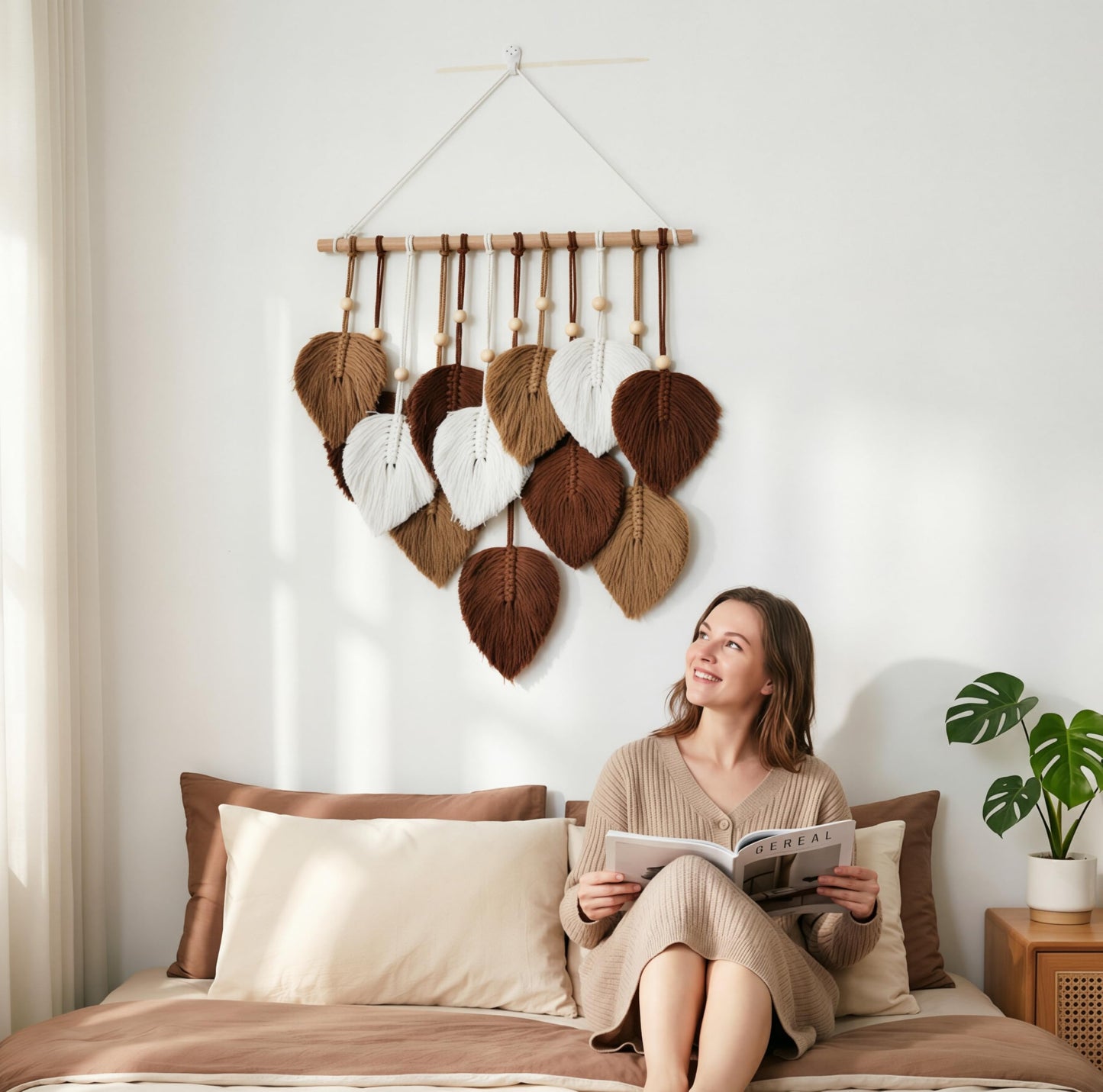 Jditngp DIY Macrame Leaf Wall Hanging Beginners Boho Wall Leaf Tapestry Kit Handmade Woven Tapestry Feather Wall Hanging DIY Macrame Kit for Adults Birthday Gift DIY Craft Kits 15.8" (Brown)"