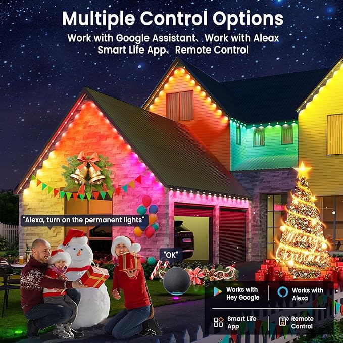 Smart Permanent Outdoor Lights for House, IP67 Waterproof, 54 Scene, 100ft with 60 RGB+IC Permanent Christmas Lights, for Halloween Christmas Work All Holiday Decor, Work with Google Assistant, Alexa