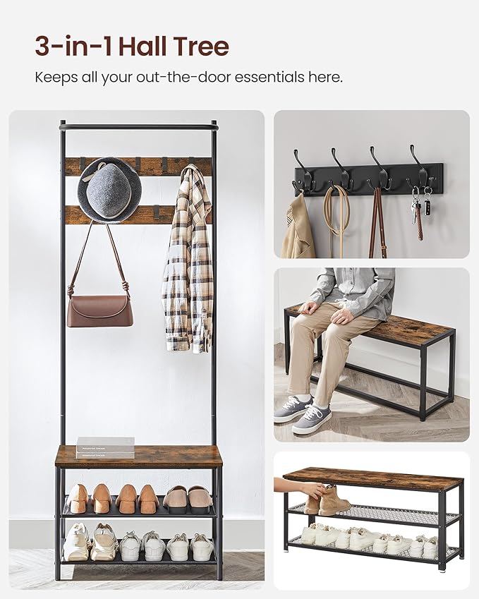 VASAGLE Hall Tree with Bench and Shoe Storage, Entryway Bench with Coat Rack Stand and Shoe Rack, 9 Movable Hooks, Top Bar, Fabric Shelves, Industrial, Rustic Brown and Black UHSR411B01