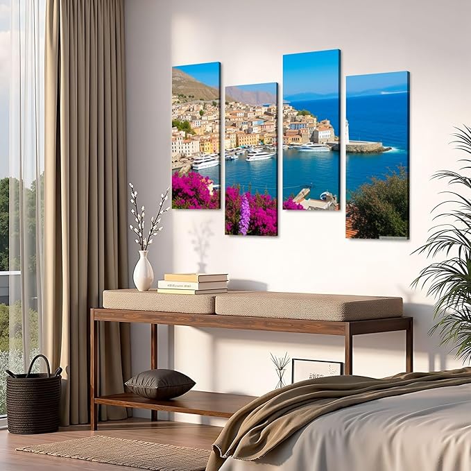 Canvas Wall Art Prints Pictures Symi town cityscape Dodecanese islands Greece Framed Posters Modern Wall Painting Artwork Gift Home Decor for Living Room Ready to Hang 4 Panel