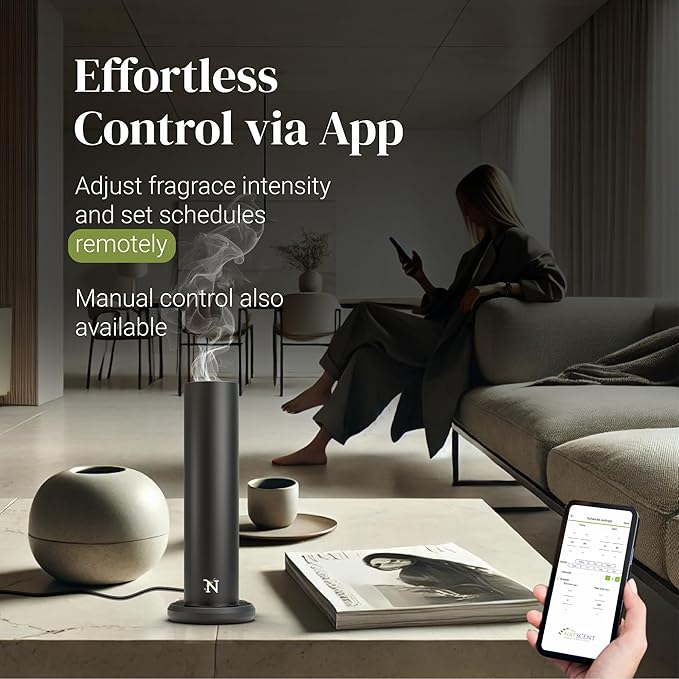 Dynamo Hotel Scent Diffuser – Cold-Air Essential Oil Diffuser for Home & Large Rooms up to 1000 sq ft, App & Manual Control, Hypoallergenic, Includes White Tea Fragrance Sample – Black