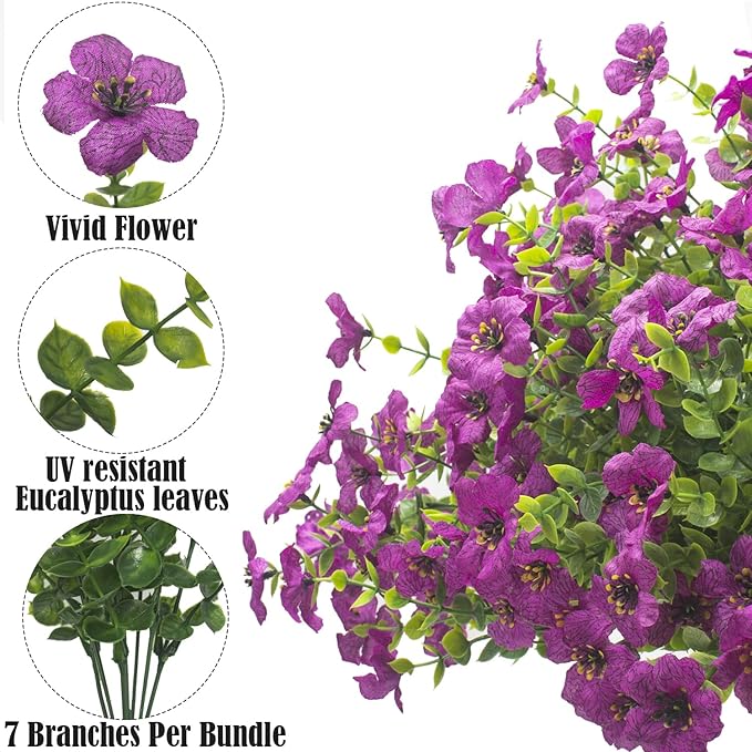 Artificial Fake Flowers for Outdoor Spring Decoration, 16 Bundles Faux Silk Colorful UV Resistant Realistic for Outside Porch Patio Home Yard Garden Planters Pots Window Box (Light Purple)