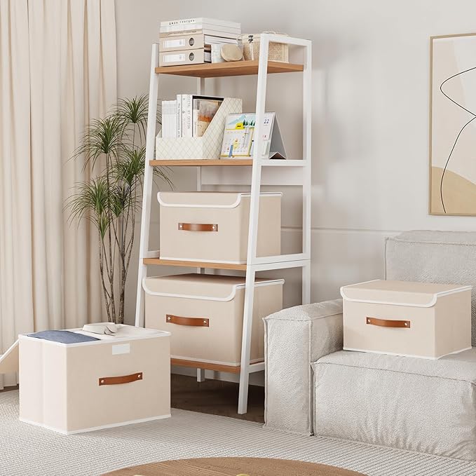 Yawinhe Collapsible Storage Boxes, Linen Fabric Baskets, Bin with lid and Leather Handle, Washable, for Home, Closet, Beige, 15.0''Lx9.8''Wx9.8''H, 5-Pack, USNK024BEL-5