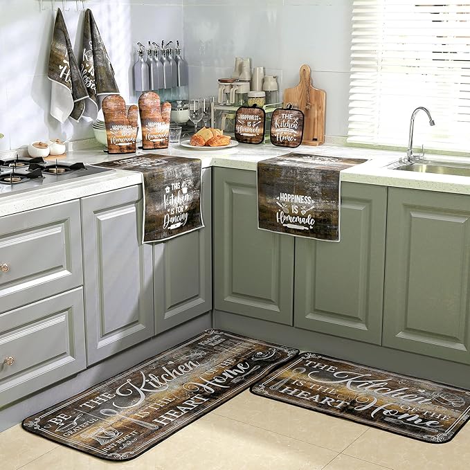 Fourluoo 10 Pcs Farmhouse Kitchen Decor and Accessories Set 4 Kitchen Towels 2 Pot Holders 2 Oven Mitts 2 Rugs for Cooking Baking Mom Housewarming Gifts(Brown Gray,Classic Style)