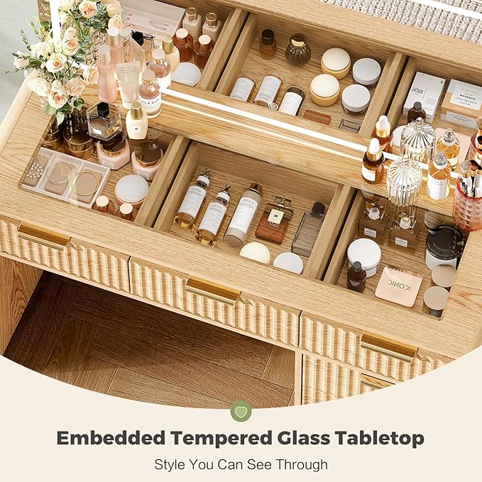 47“Makeup Vanity Desk with 44.8" Mirror and Lights, Vanity Desk with 7 Drawers, Makeup Vanity Table with a Glass Tabletop, 3 Color Modes & Adjustable Brightness Dressing Table, Bedroom,Oak